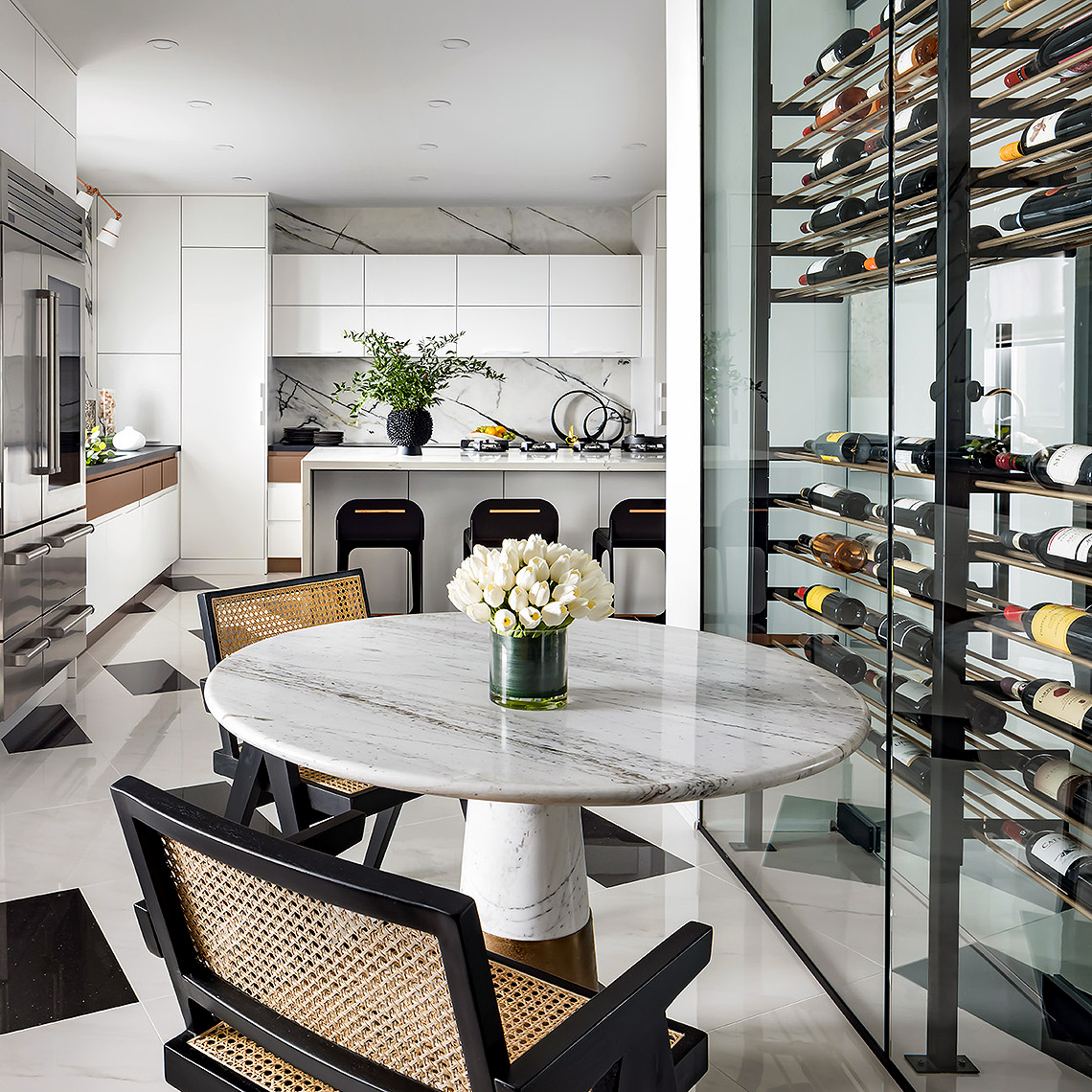 Modern Kitchen sitting area and wine fridge designed by Iman Lalji