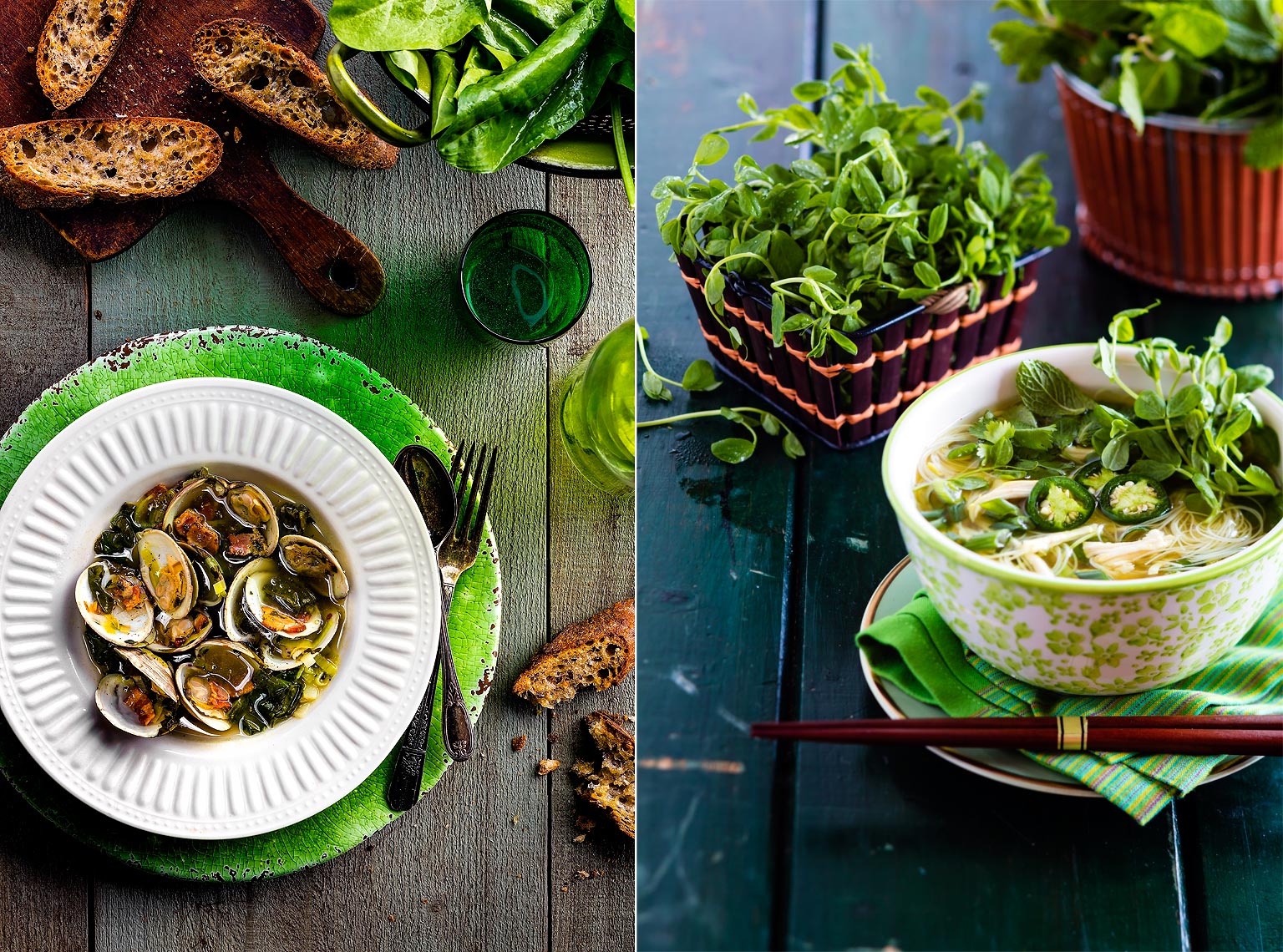 Clean Eating Magazine - Mussels and  Pho with greens