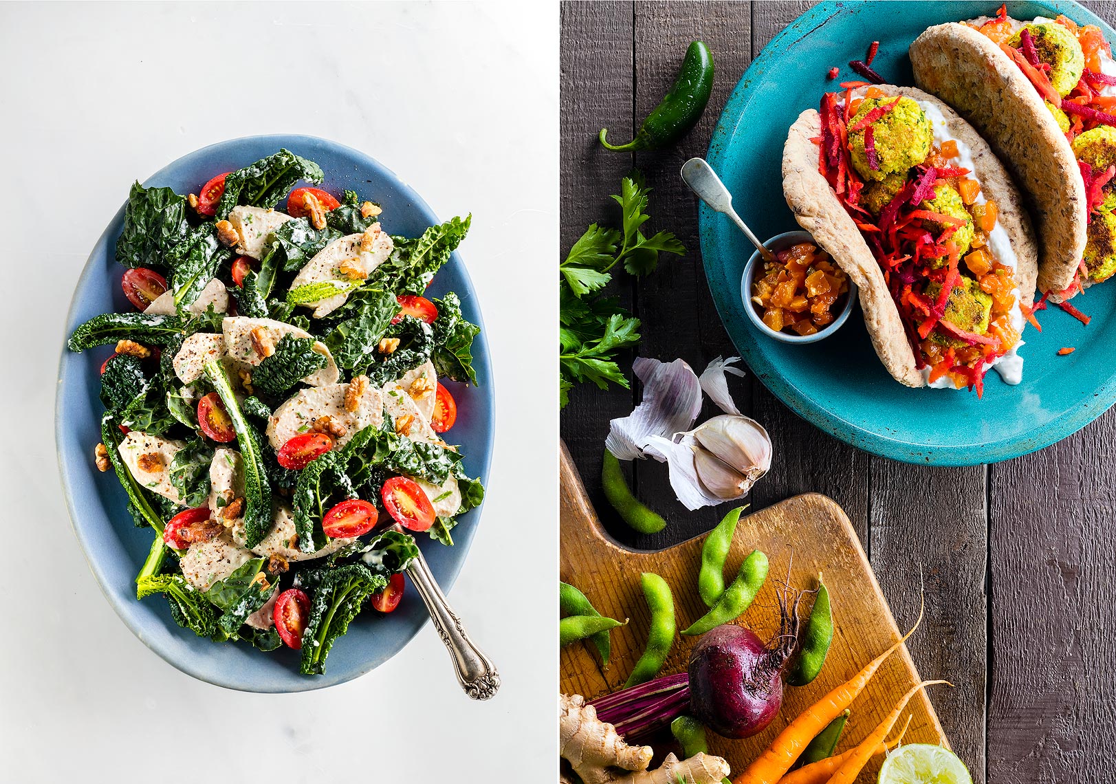 Kale Chicken Salad and Falafel with Papaya Chutney