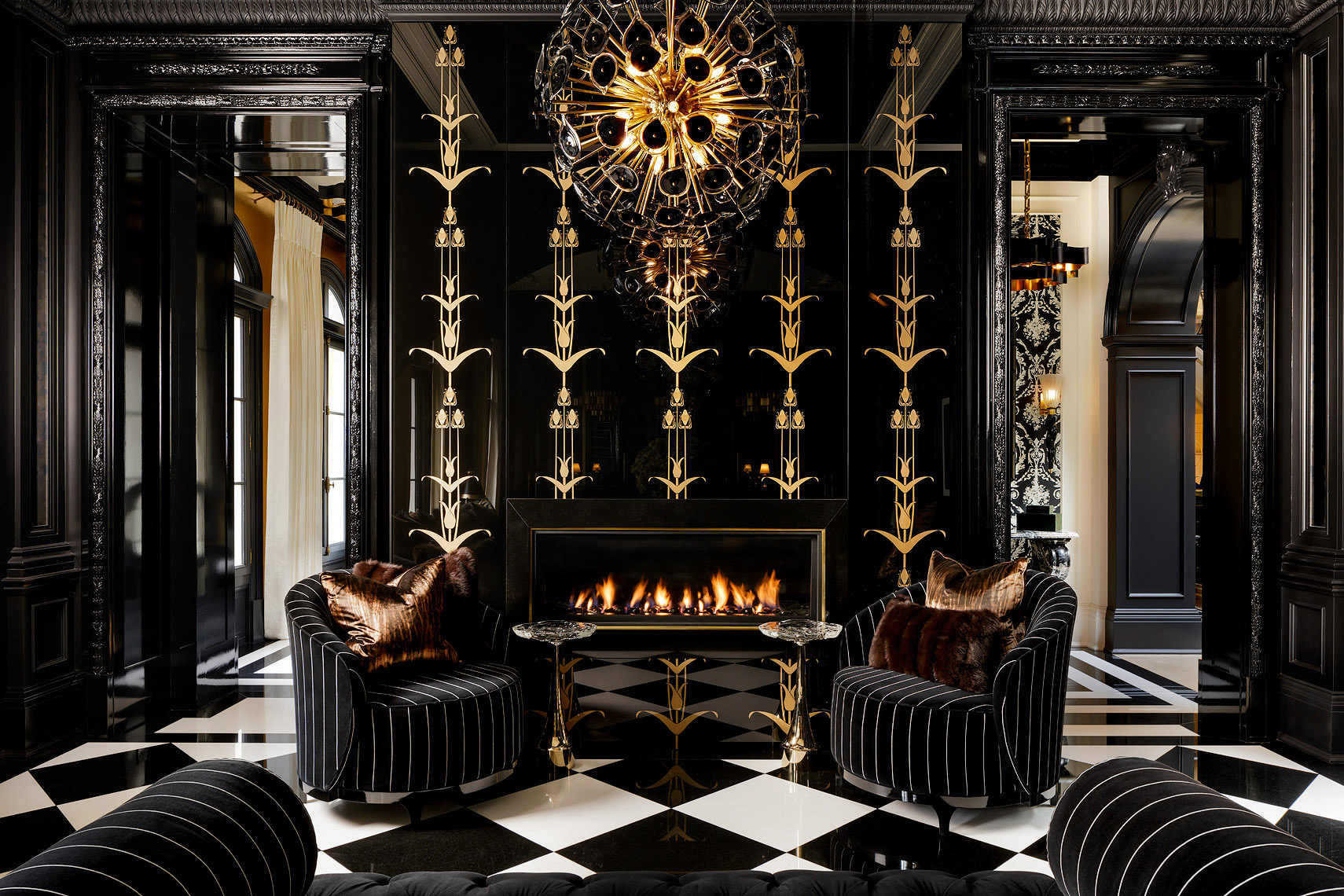 Black and Gold Art Deco Livingroom Fireplace