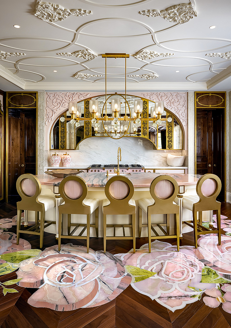 Lori Morris Design - Luxury Kitchen Island in pink and green
