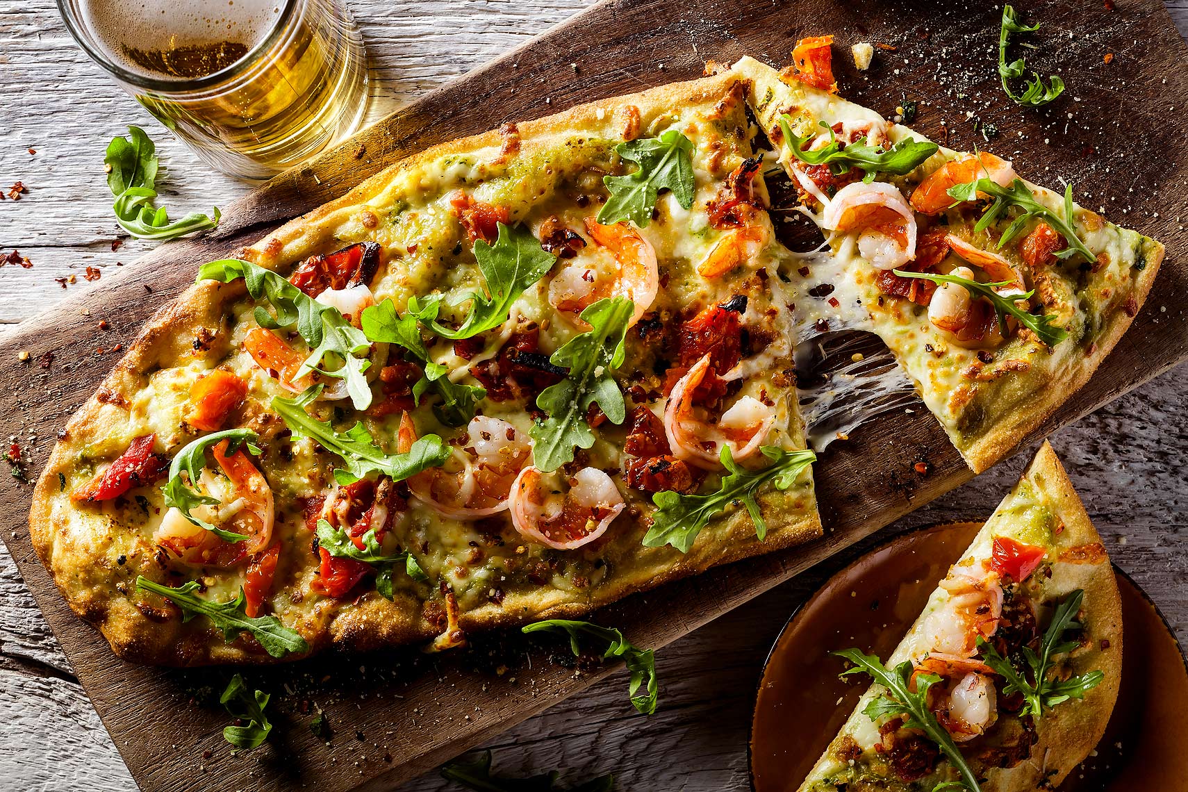 Shrimp and Rocket Pizza and Beer